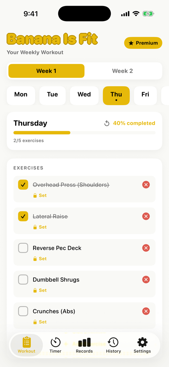 The Workout tab showing a two-week plan, weekday selector, a Thursday session 40% complete and a checklist of five exercises.