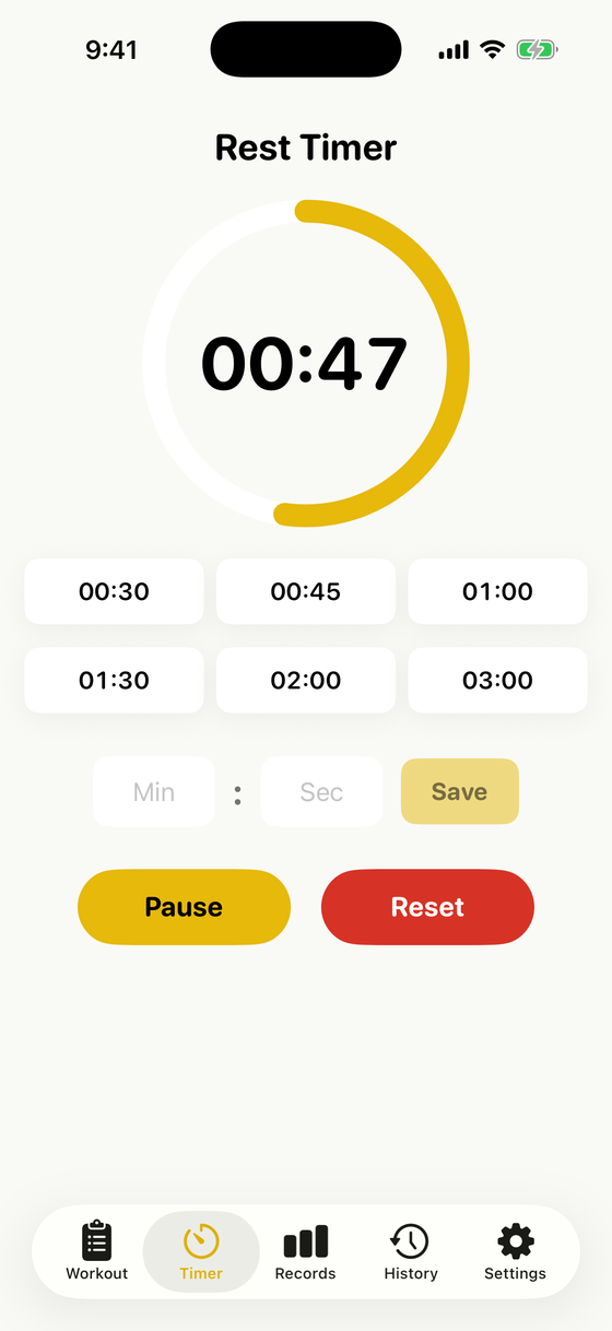 The Rest Timer tab with a circular countdown at 59 seconds and preset buttons from 30 seconds to 3 minutes.