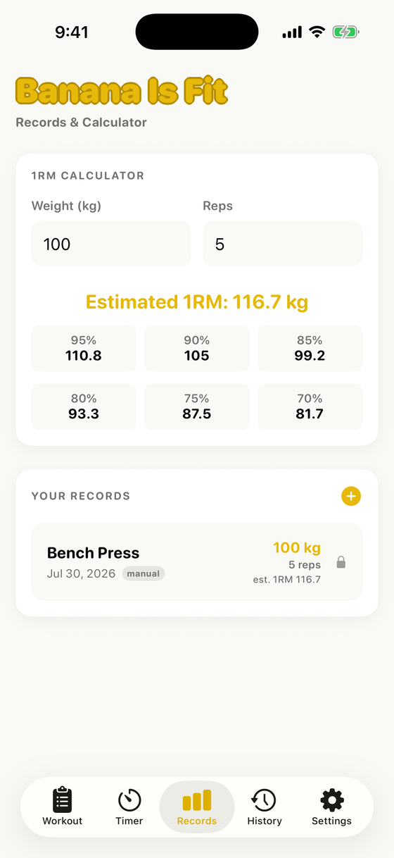 The Records tab showing a one-rep-max calculator estimating 116.7 kg from 100 kg for 5 reps, with a percentage table and a saved Bench Press record.
