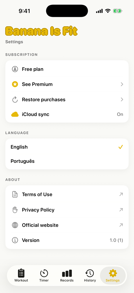 The Settings tab with subscription status, iCloud sync, an English and Portuguese language switch, and links to terms, privacy and the website.